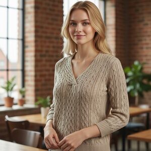 Eddie Bauer Cable Knit 3/4 Sleeve 100% Cotton V - Neck Sweater- Size Medium